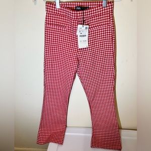 ZARA RED GINGHAM MINI FLARED TROUSER PANT HIGH WAISTED size S